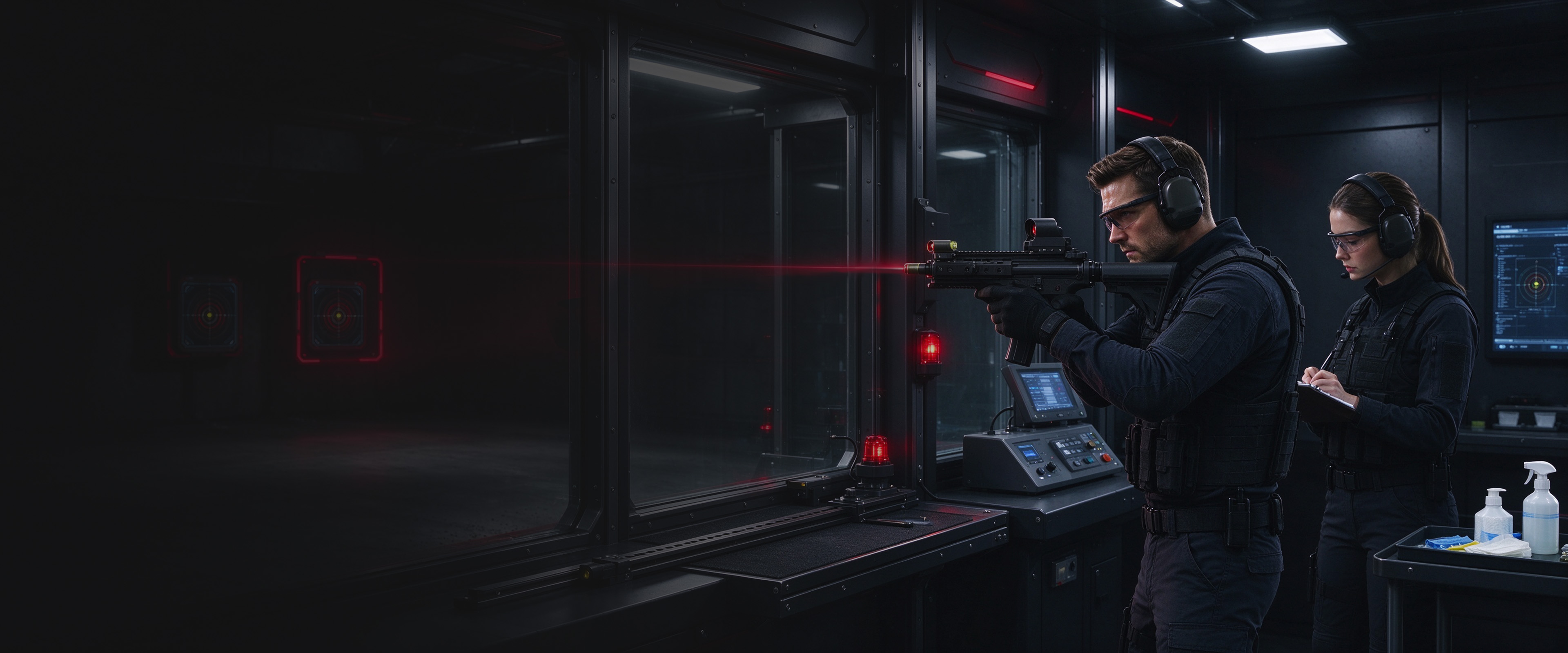 Two trainers in protective gear at an indoor range station, one aiming a laser-equipped training rifle at electronic targets