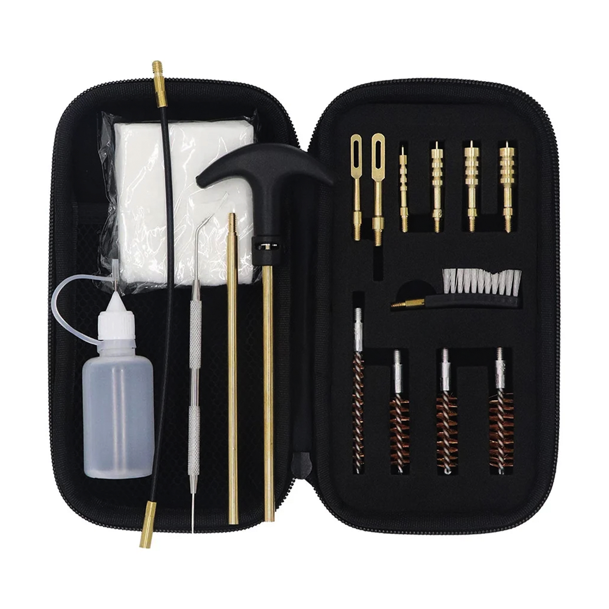 Compact multi-caliber firearm cleaning kit with brushes, cables, patches and case