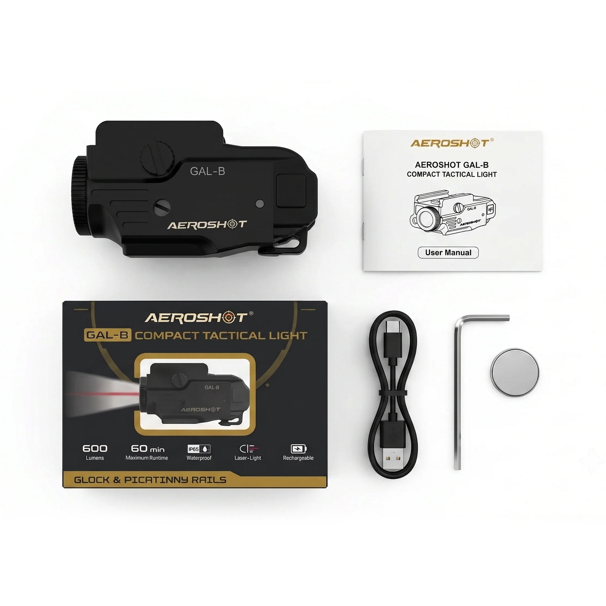 AEROSHOT GAL-B compact tactical light laid out with its retail box, user manual, USB cable and hex key