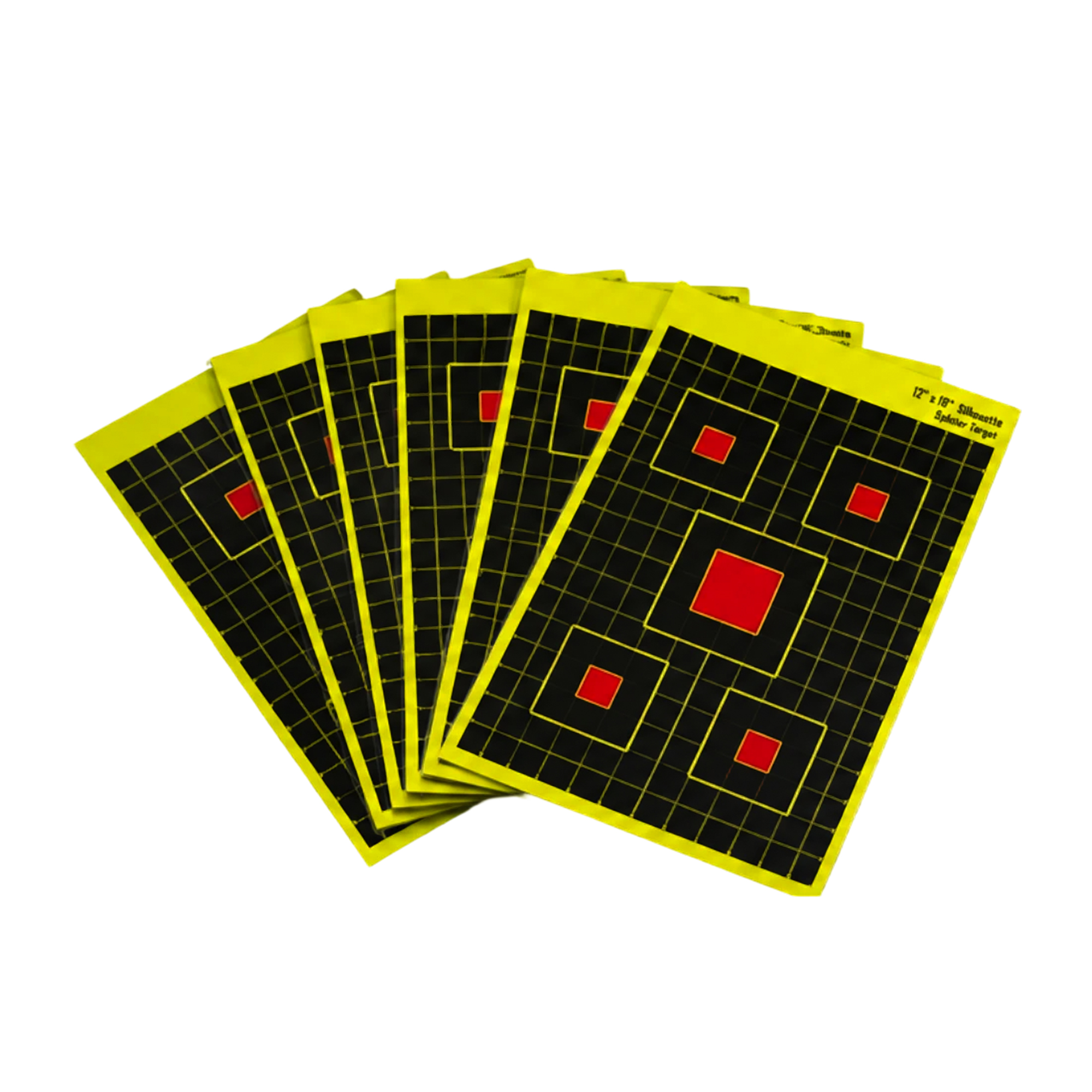 Fan of 12 by 18 inch silhouette splatter targets with fluorescent yellow borders, black grids and red aiming squares