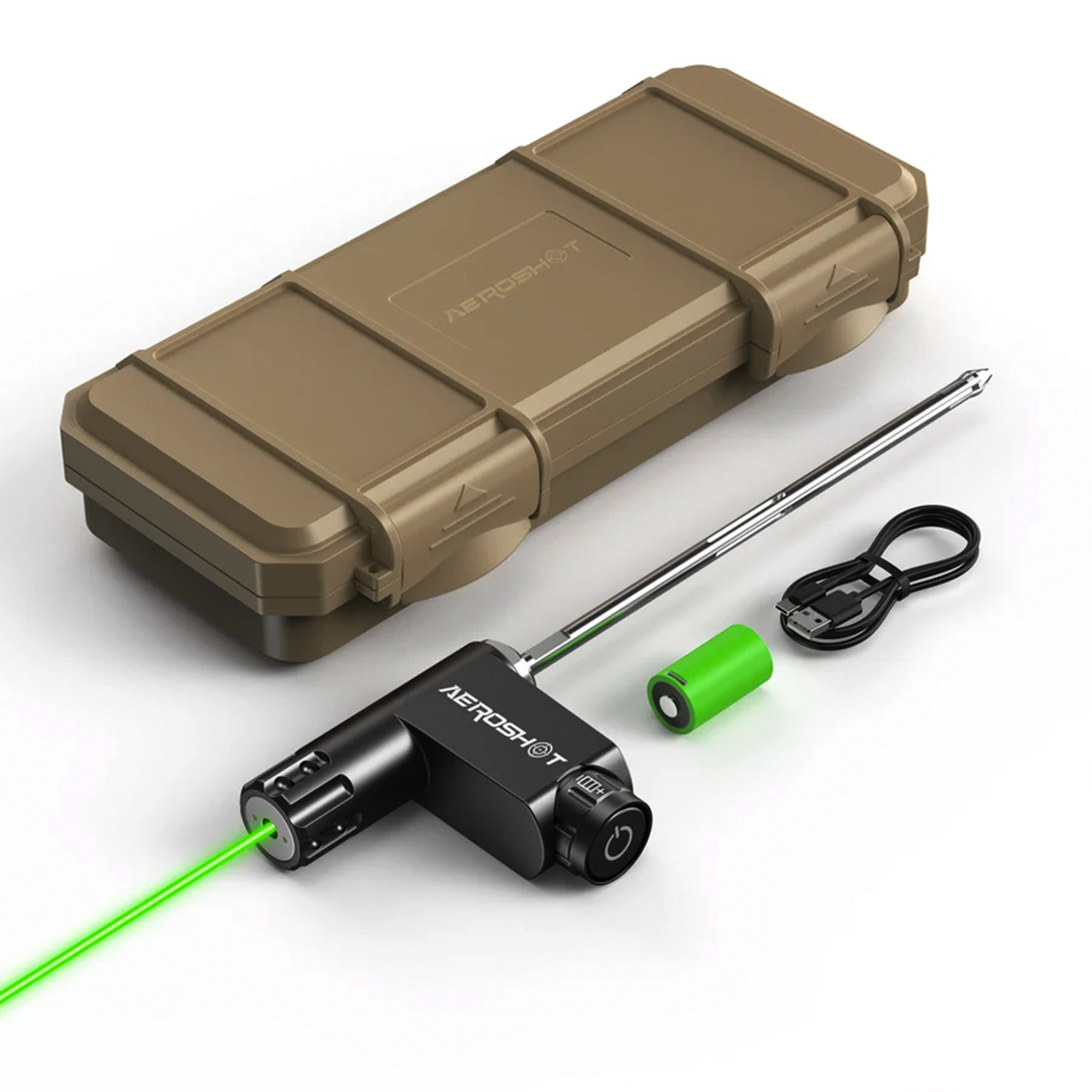 AEROSHOT X04 Green laser bore sight projecting a green beam, with tan hard case, extension rod, battery cell and USB cable